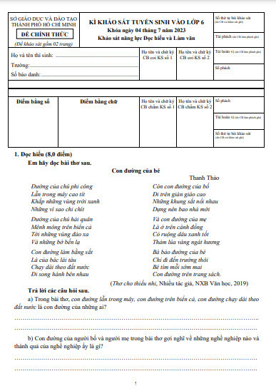 Bài thơ Con đường của bé của tác giả trong đề thi lớp 6 ở TPHCM.