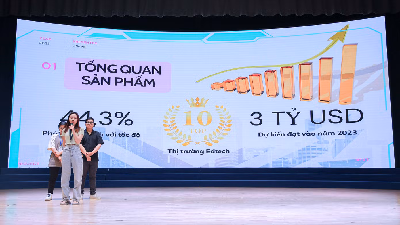 Sinh viên trình bày dự án khởi nghiệp của mình với ban giám khảo tại vòng chung kết