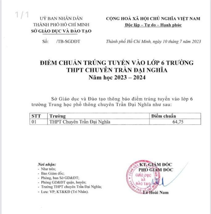 Điểm chuẩn vào trường THPT Chuyên Trần Đại Nghĩa năm 2023 Điểm chuẩn vào trường THPT Chuyên Trần Đại Nghĩa năm 2023