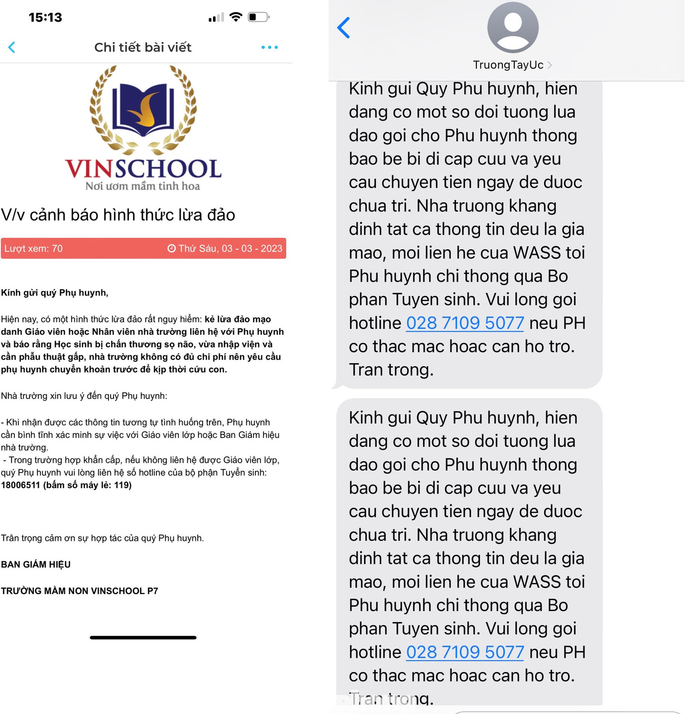 Hệ thống Trường Tây Úc, Vinschool… cũng đã phát thông báo cảnh báo lừa đảo đến phụ huynh học sinh.