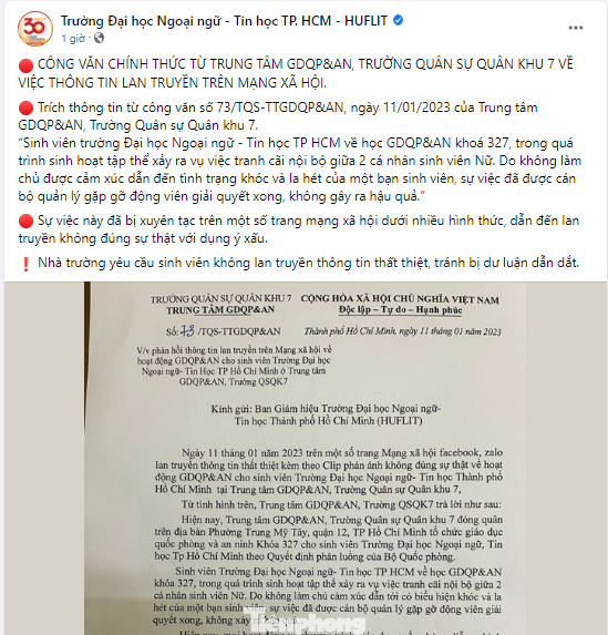 Trường ĐH Ngoại ngữ - Tin học TPHCM đăng tải công văn phản hồi vụ việc của Trung tâm GDQP&AN, Trường Quân sự Quân khu 7 Trường ĐH Ngoại ngữ - Tin học TPHCM đăng tải công văn phản hồi vụ việc của Trung tâm GDQP&AN, Trường Quân sự Quân khu 7
