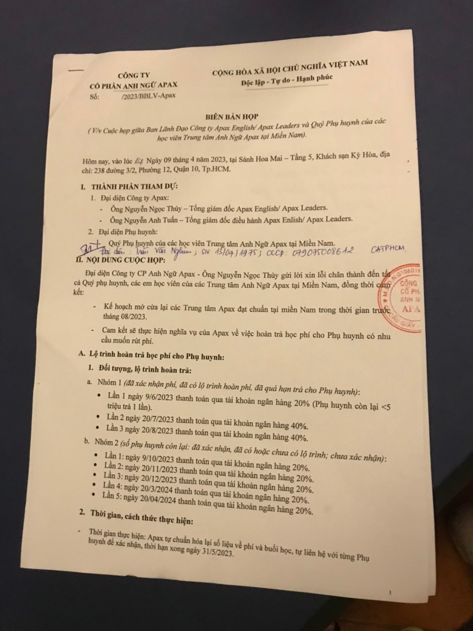 Biên bản của cuộc họp và lộ trình trả học phí của ông Thủy. (Ảnh: PCCC)