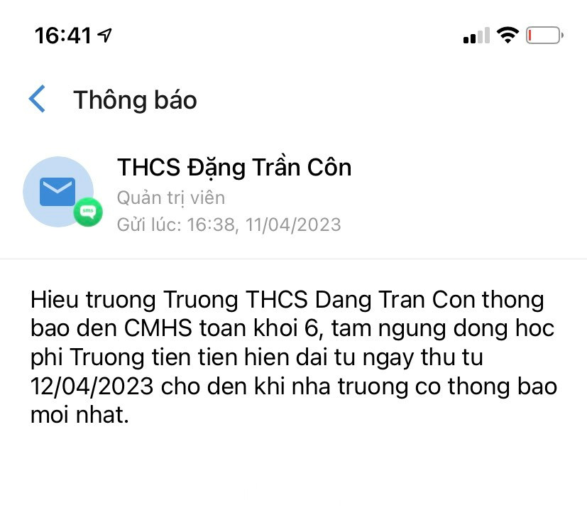 Thông báo tạm ngưng đóng học phí "trường tiên tiến" của Trường THCS Đặng Trần Côn sau khi phụ huynh phản ứng