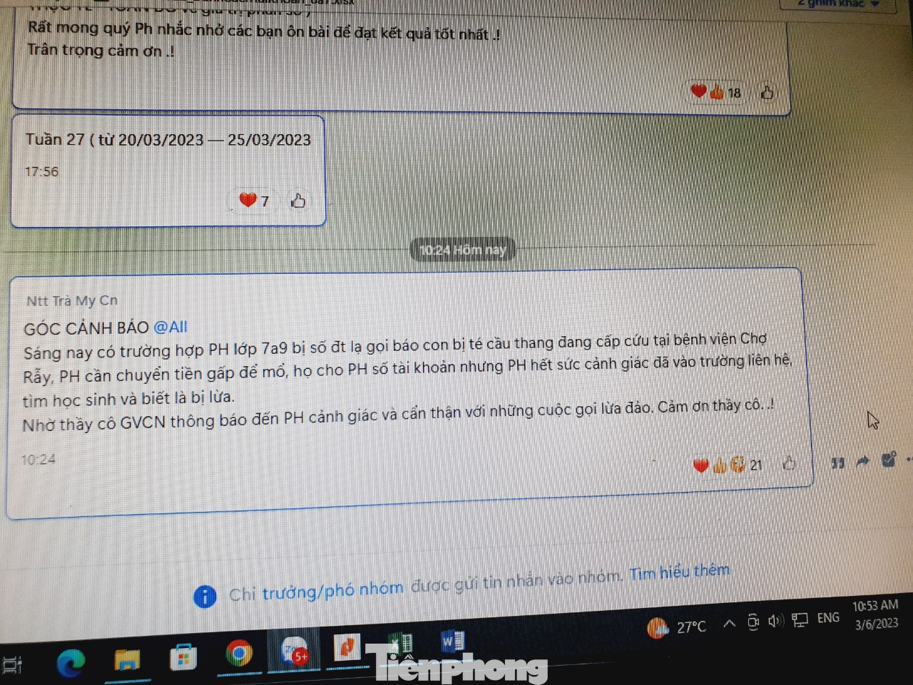 Tin nhắn giáo viên nhắn trong group của một lớp học ở quận Phú Nhuận về trường hợp lừa đảo gọi điện nói con đang cấp cứu Tin nhắn giáo viên nhắn trong group của một lớp học ở quận Phú Nhuận về trường hợp lừa đảo gọi điện nói con đang cấp cứu