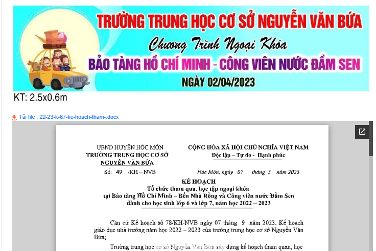 Văn bản về chuyến đi tham quan, học tập ngoại khóa của Trường THCS Nguyễn Văn Bứa được đăng trên website của trường