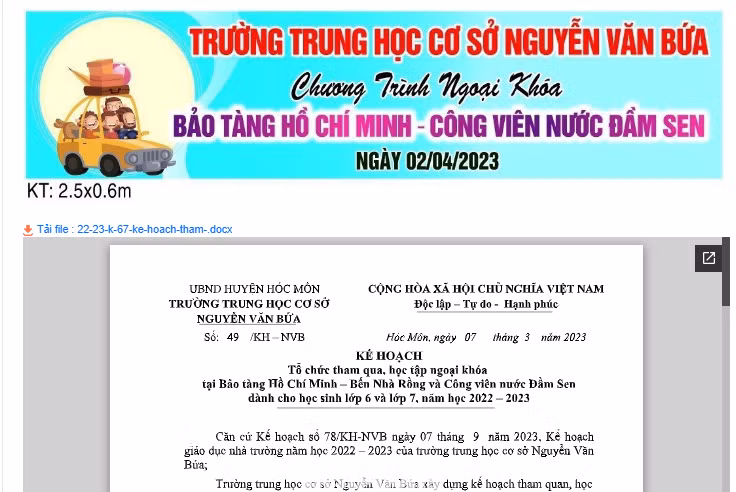 Văn bản về chuyến đi tham quan, học tập ngoại khóa của Trường THCS Nguyễn Văn Bứa được đăng trên website của trường