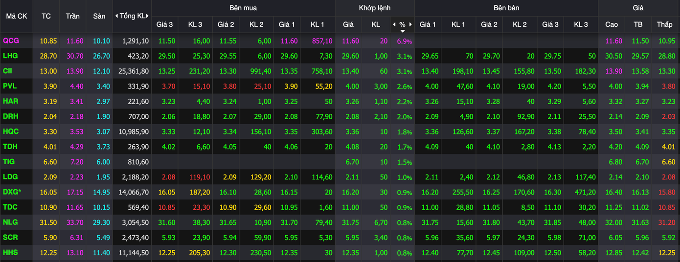 QCG tăng mạnh nhất nhóm bất động sản.