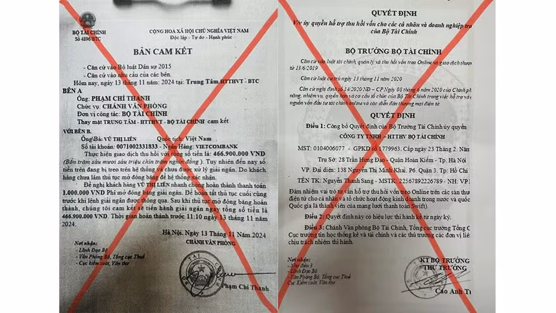Văn bản giả mạo chữ ký, con dấu của Lãnh đạo Bộ Tài chính.