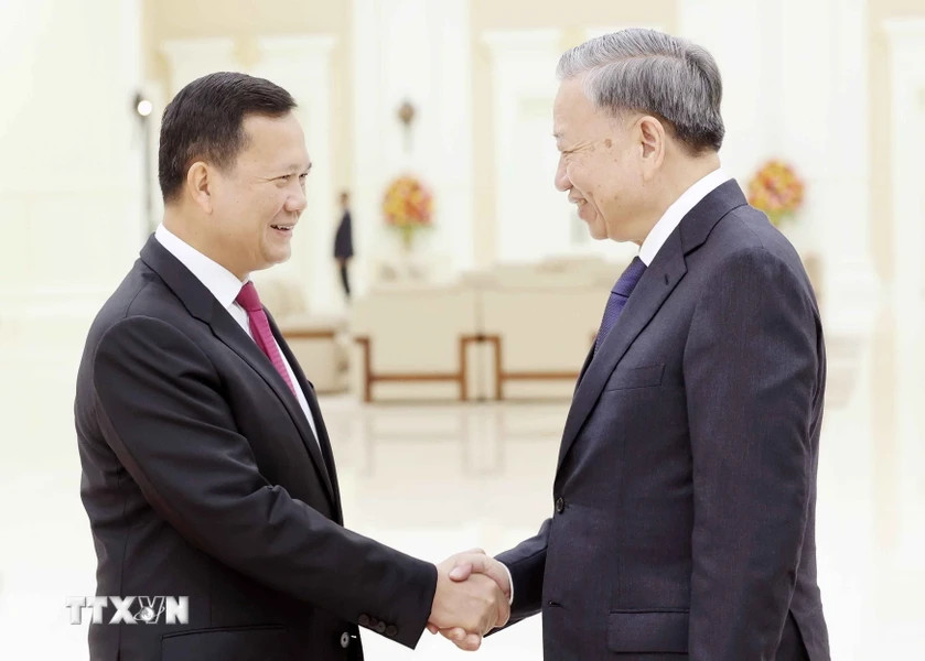 Chủ tịch nước Tô Lâm với Thủ tướng Campuchia Hun Manet. (Ảnh: Nhan Sáng/TTXVN) Chủ tịch nước Tô Lâm với Thủ tướng Campuchia Hun Manet. (Ảnh: Nhan Sáng/TTXVN)