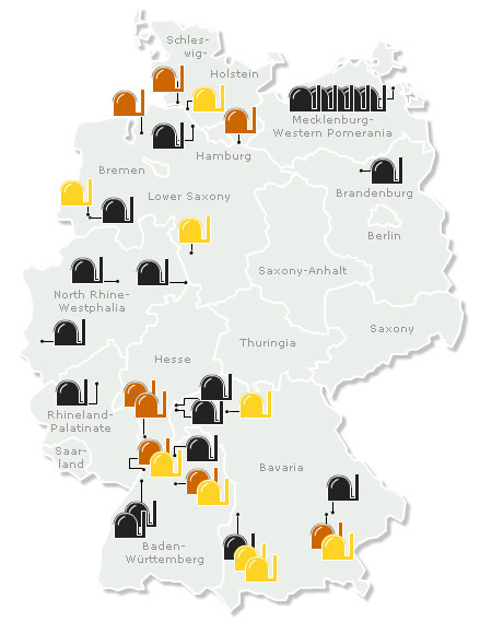 Sơ đồ vị trí các nhà máy điện hạt nhân ở Đức	Đồ họa: Spiegel