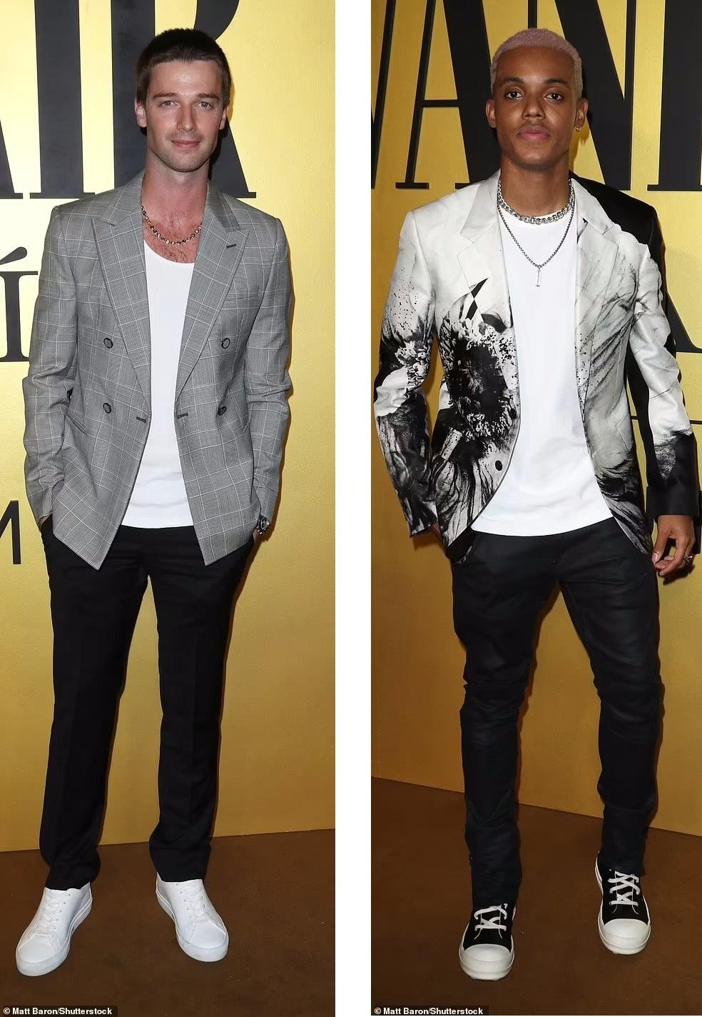 Diễn viên Patrick Schwarzenegger và Jabari Banks đều chọn áo blazer nhưng theo hai phong cách khác nhau.