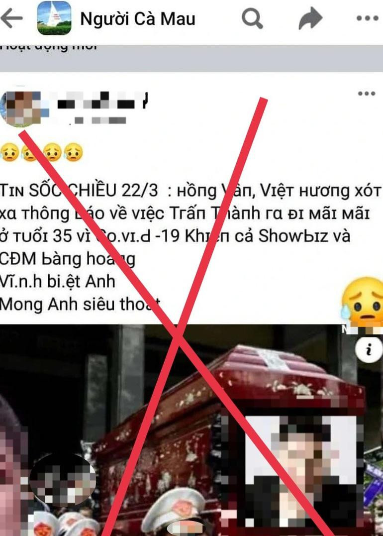 Tin đồn thất thiệt Trần Thành tử vong vì COVID-19 được đăng trên mạng xã hội. Ảnh chụp màn hình