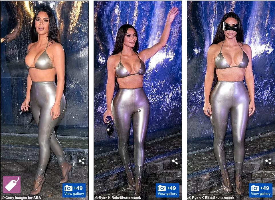 Kim Kardashian gây náo loạn với set đồ màu bạc, gồm áo bra và quần legging, bó sát người tôn thân hình "đồng hồ cát" trứ danh.