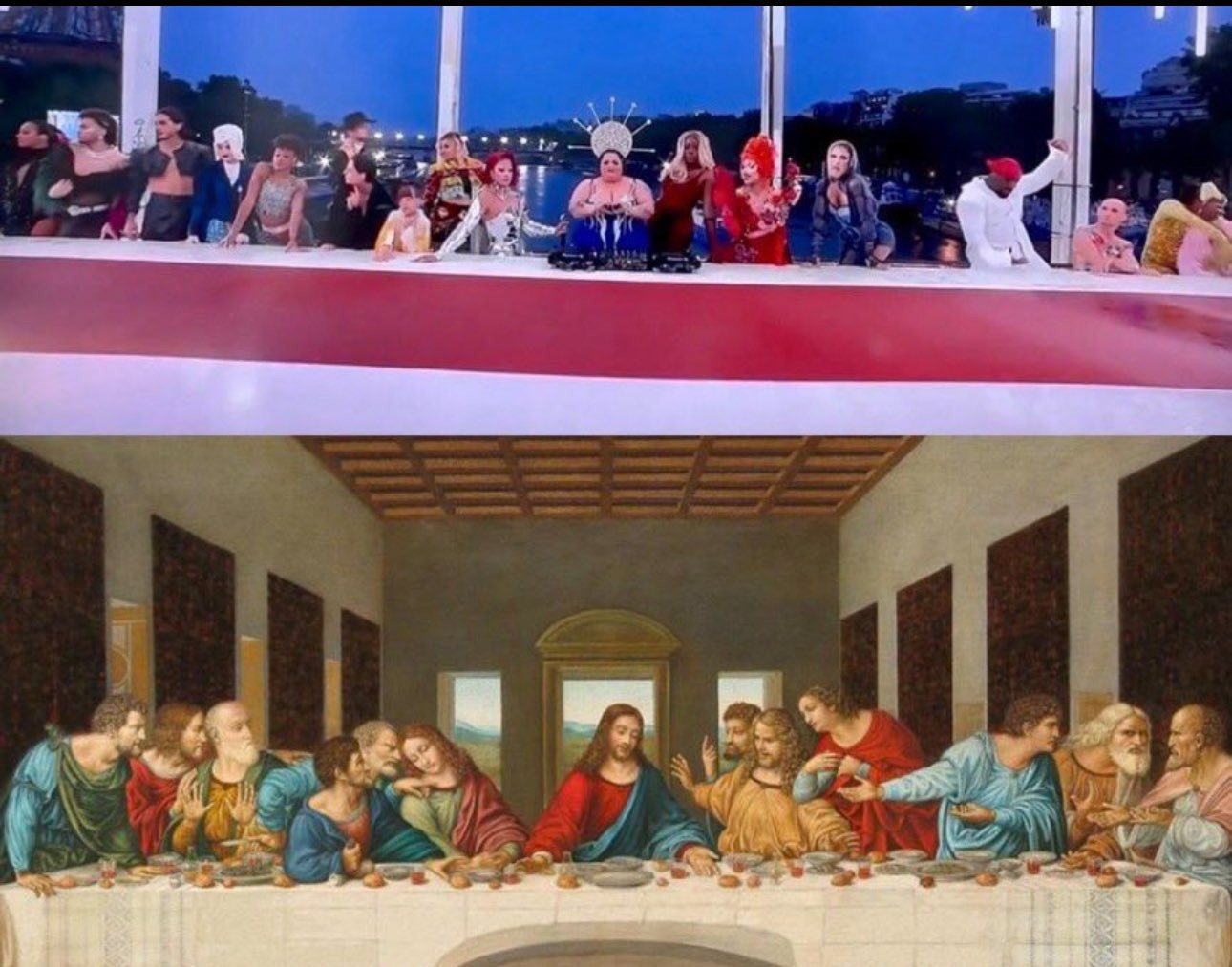 Nhiều người tin rằng tiết mục tại lễ khai mạc là phiên bản châm biến bức The Last Supper. Ảnh: X. Nhiều người tin rằng tiết mục tại lễ khai mạc là phiên bản châm biến bức The Last Supper. Ảnh: X.