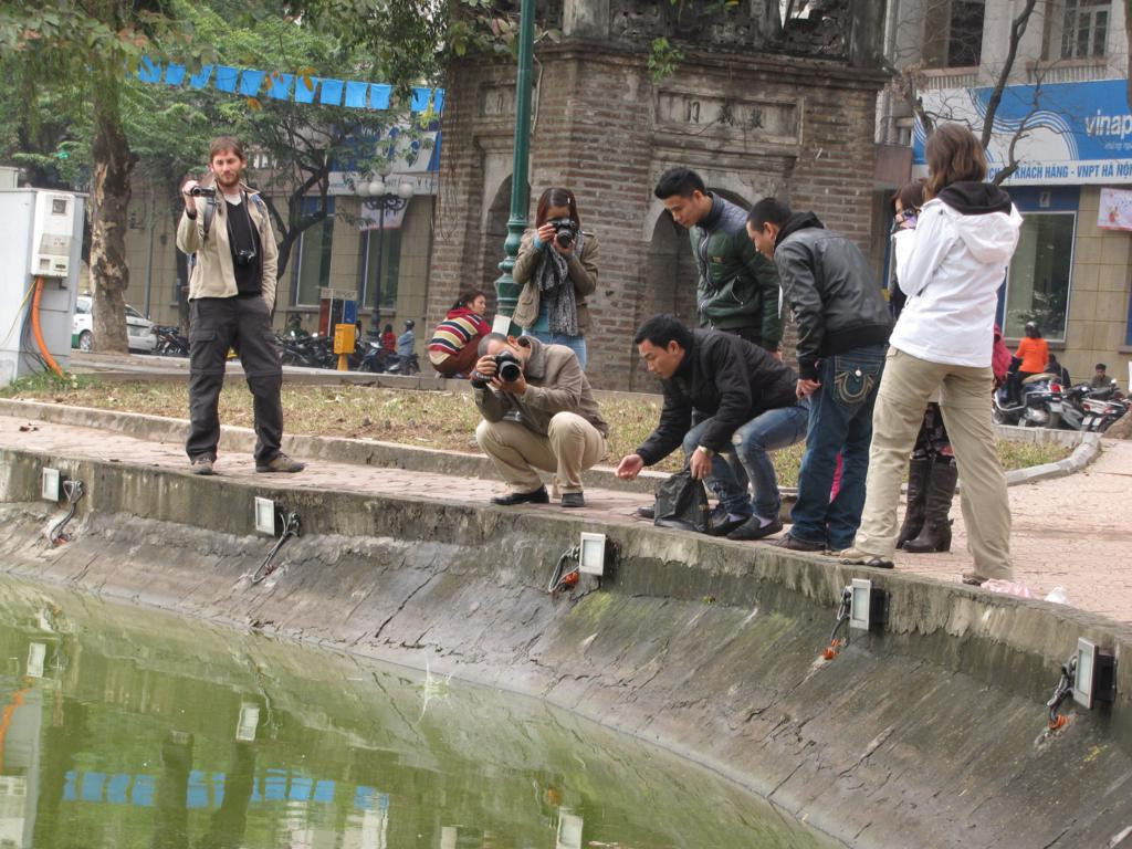 Nhiều du khách nước ngoài tò mò chụp ảnh cảnh tượng này