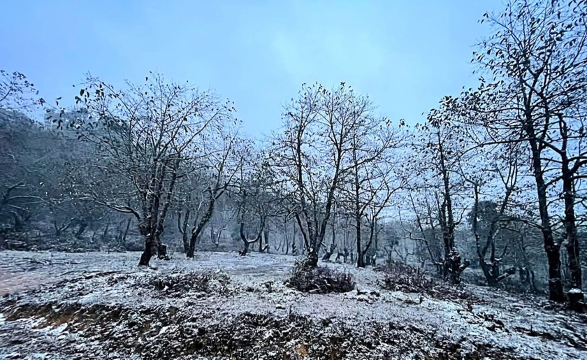 Với nhiệt độ giảm sâu dưới 0°C, tuyết bắt đầu rơi từ đầu giờ chiều 26/1, đến sáng 27/1, băng tuyết phủ trắng các mái nhà, trên những con đường quanh co...