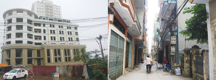 Nắn đường dẫn cầu Nhật Tân, hai tòa nhà cao tầng này (ảnh trái) và khu biệt thự Vườn Đào yên ổn, trong khi hàng trăm nhà dân (ảnh phải) sẽ bị GPMB. Ảnh: Phong Cầm