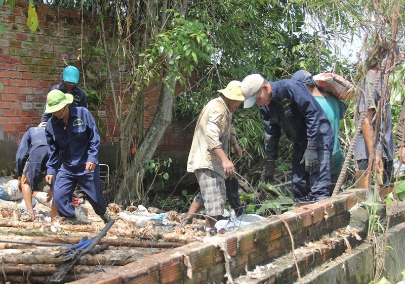 Bao cát và cừ tràm được dùng để gia cố bờ bao