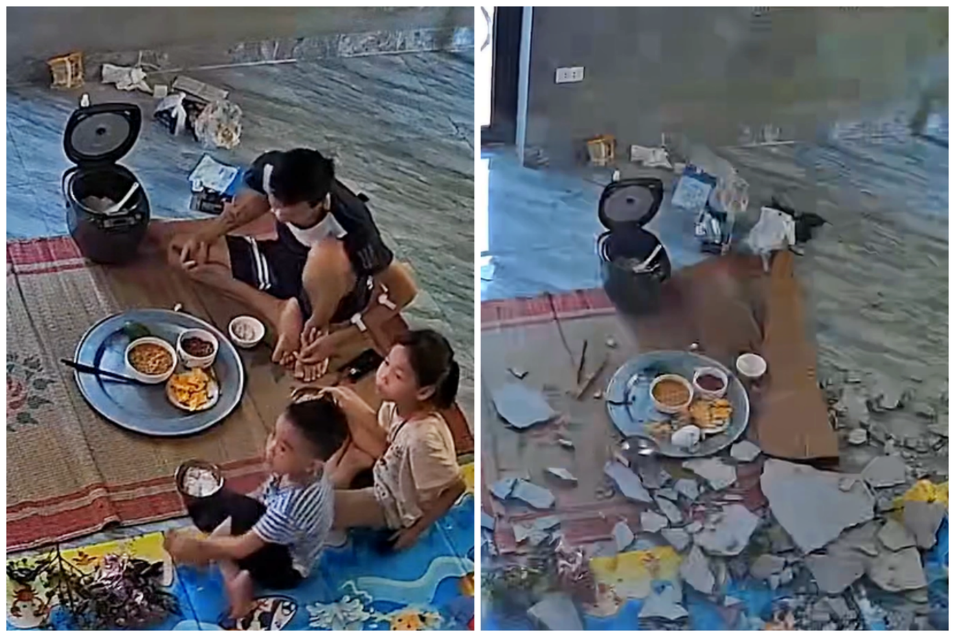 Ba bố con anh Quyền kịp thời chạy thoát trước khi trần nhà sập xuống. Ảnh cắt từ clip Ba bố con anh Quyền kịp thời chạy thoát trước khi trần nhà sập xuống. Ảnh cắt từ clip