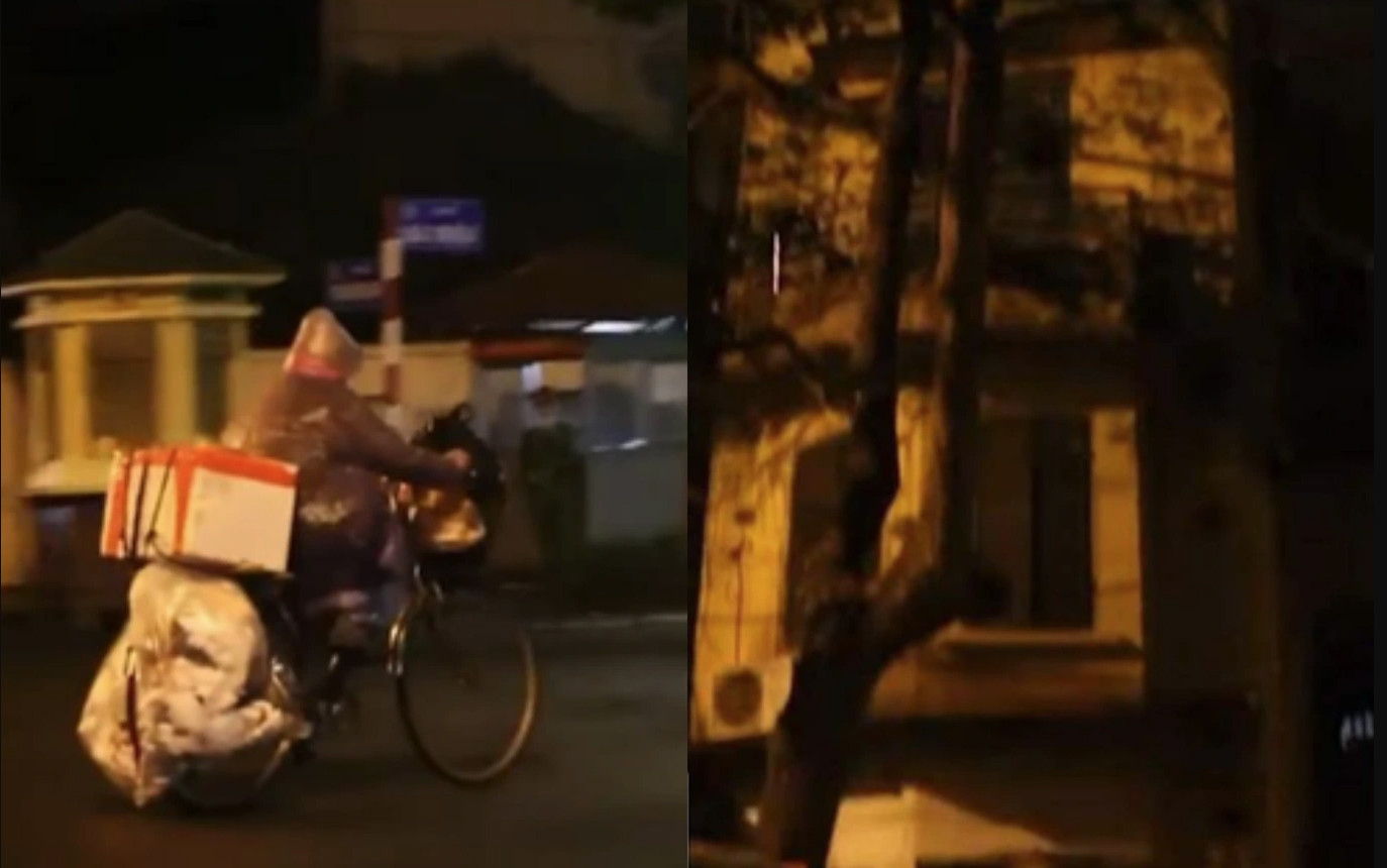 Người phụ nữ trở về căn nhà 3 tầng sau khi đã nhận đủ quà từ thiện (Ảnh cắt từ video).