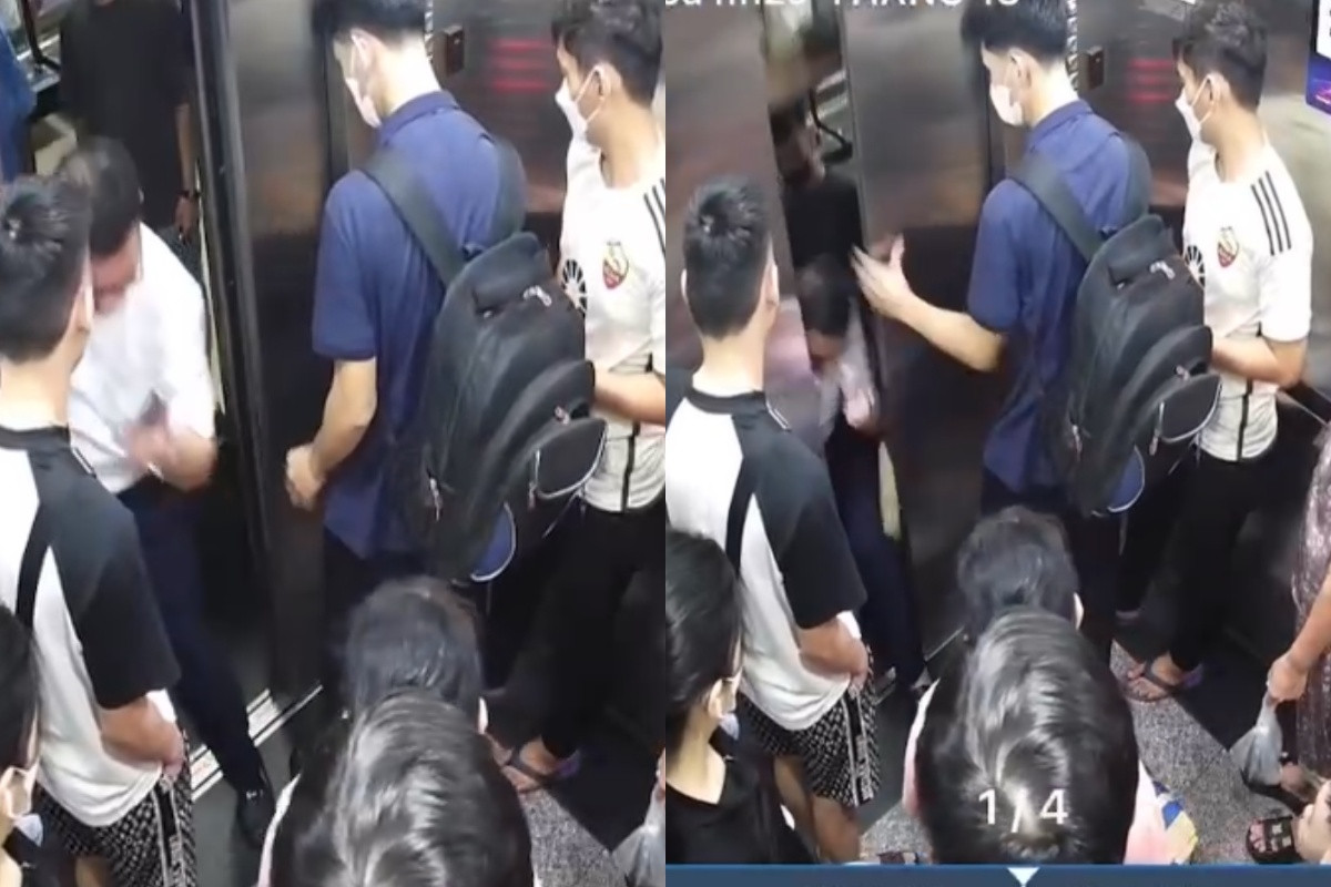 Hình ảnh người đàn ông suýt bị thang máy "nuốt chửng" khi cố bước vào. Ảnh cắt từ clip Hình ảnh người đàn ông suýt bị thang máy "nuốt chửng" khi cố bước vào. Ảnh cắt từ clip