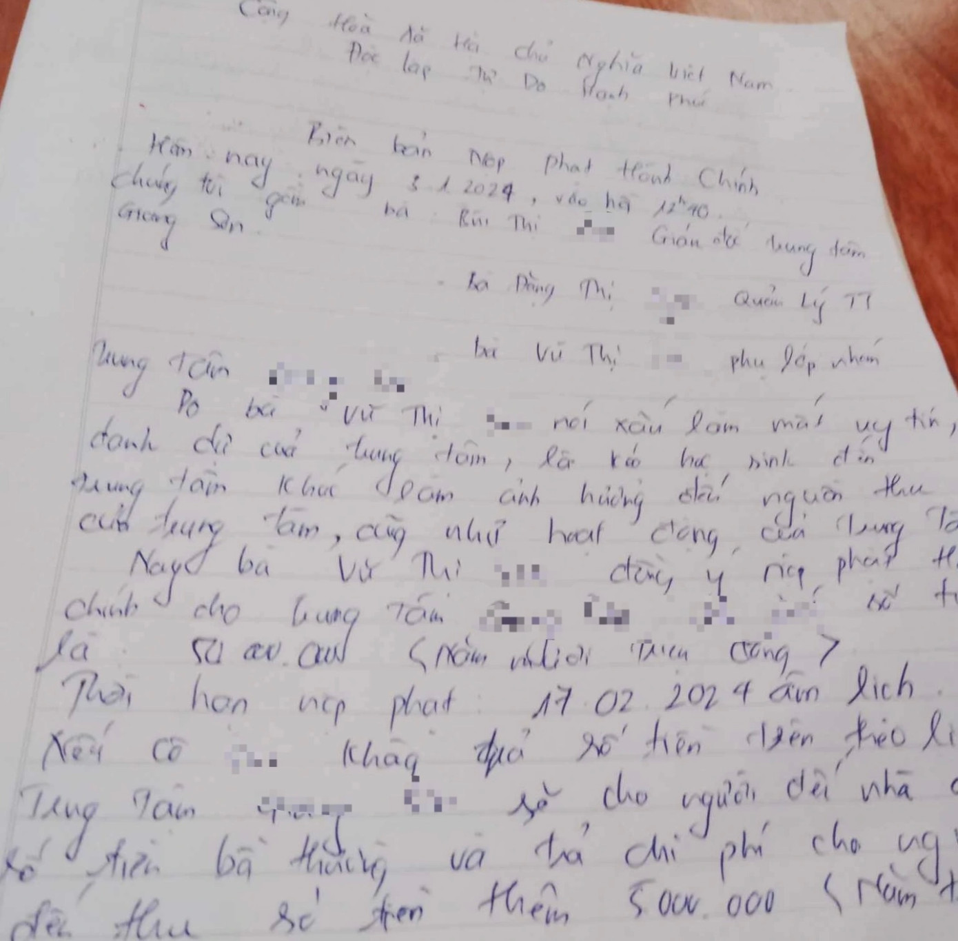 Biên bản nộp phạt hành chính của chị Vũ Thị Sen (Ảnh NVCC)