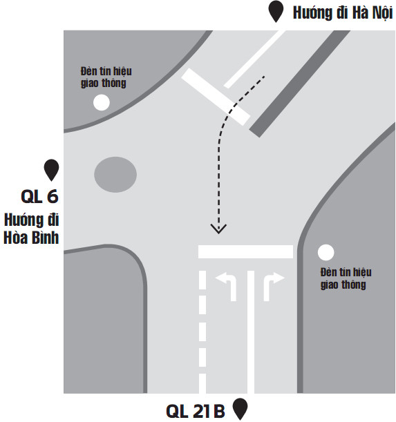 Phương tiện đi từ Hà Nội vào quốc lộ 21B theo chiều mũi tên bị xử lý vì đi sai làn. Phương tiện đi từ Hà Nội vào quốc lộ 21B theo chiều mũi tên bị xử lý vì đi sai làn