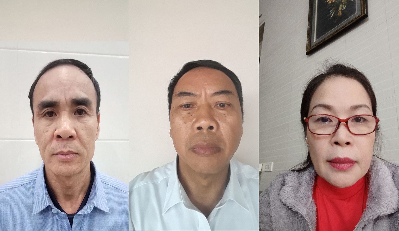 Bị can Phạm Viết Giáp (ngoài cùng bên trái) và đồng phạm đã bị khởi tố về tội "Lừa đảo chiếm đoạt tài sản và Lạm dụng tín nhiệm chiếm đoạt tài sản”.