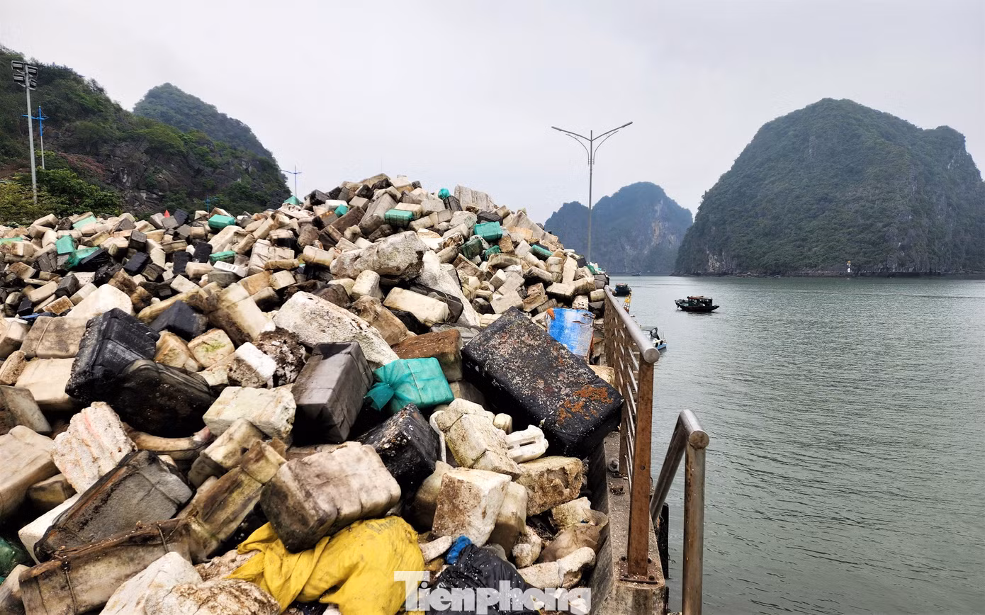 Rác, pháo xốp được vớt từ vịnh Hạ Long chất thành núi ven bờ.