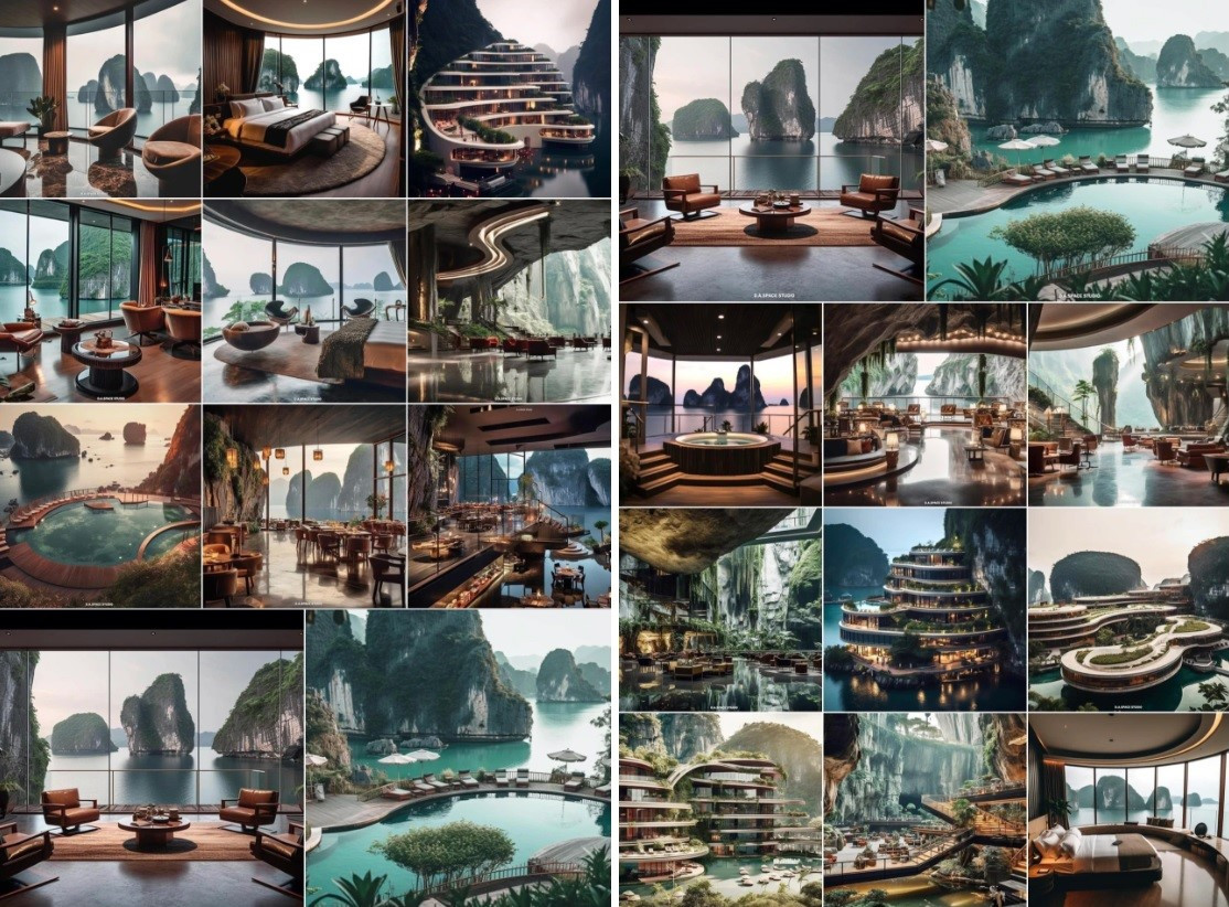 Những hình ảnh sống động và có thiết kế cực kỳ độc đáo về khách sạn có tên "Fantasy Ha Long Bay", nhiều chuyên gia cho rằng, đây có thể là một sản phẩm thiết kế của trí tuệ nhân tạo AI.