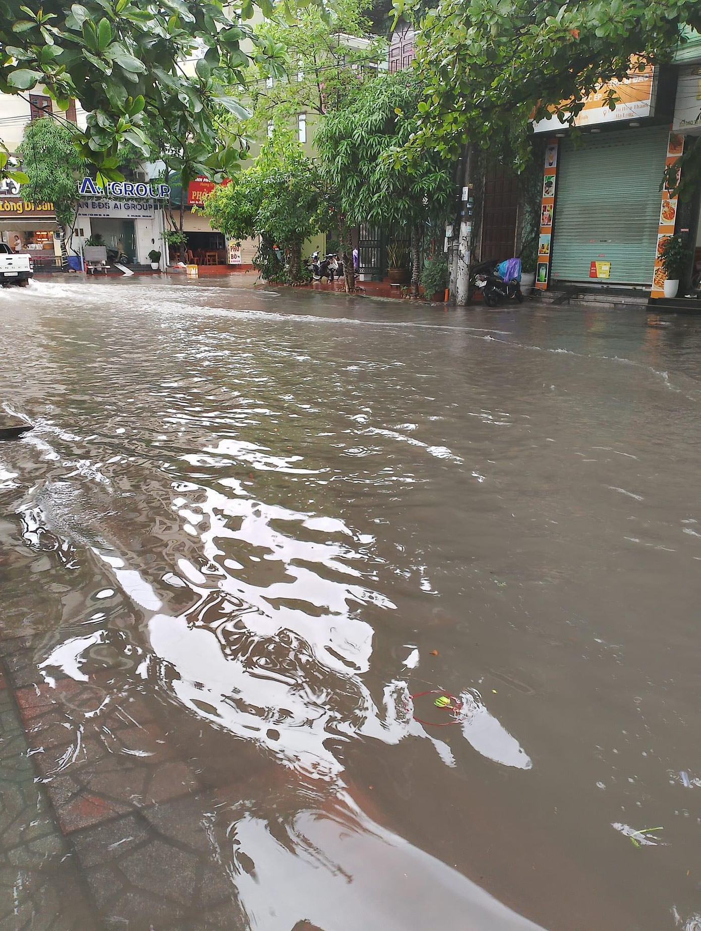 TP Hạ Long mưa lớn từ sáng 9/6 nhưng các tuyến phố đều bị ngập lụt.