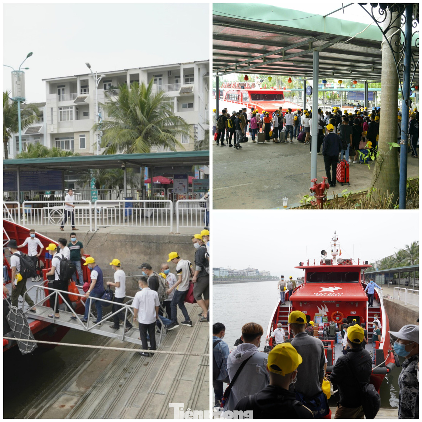 Tại cầu cảng, một nhóm du khách đi cao tốc ra Cô Tô. Tàu thăm vịnh vẫn ế ẩm vì không có khách ghé thăm.