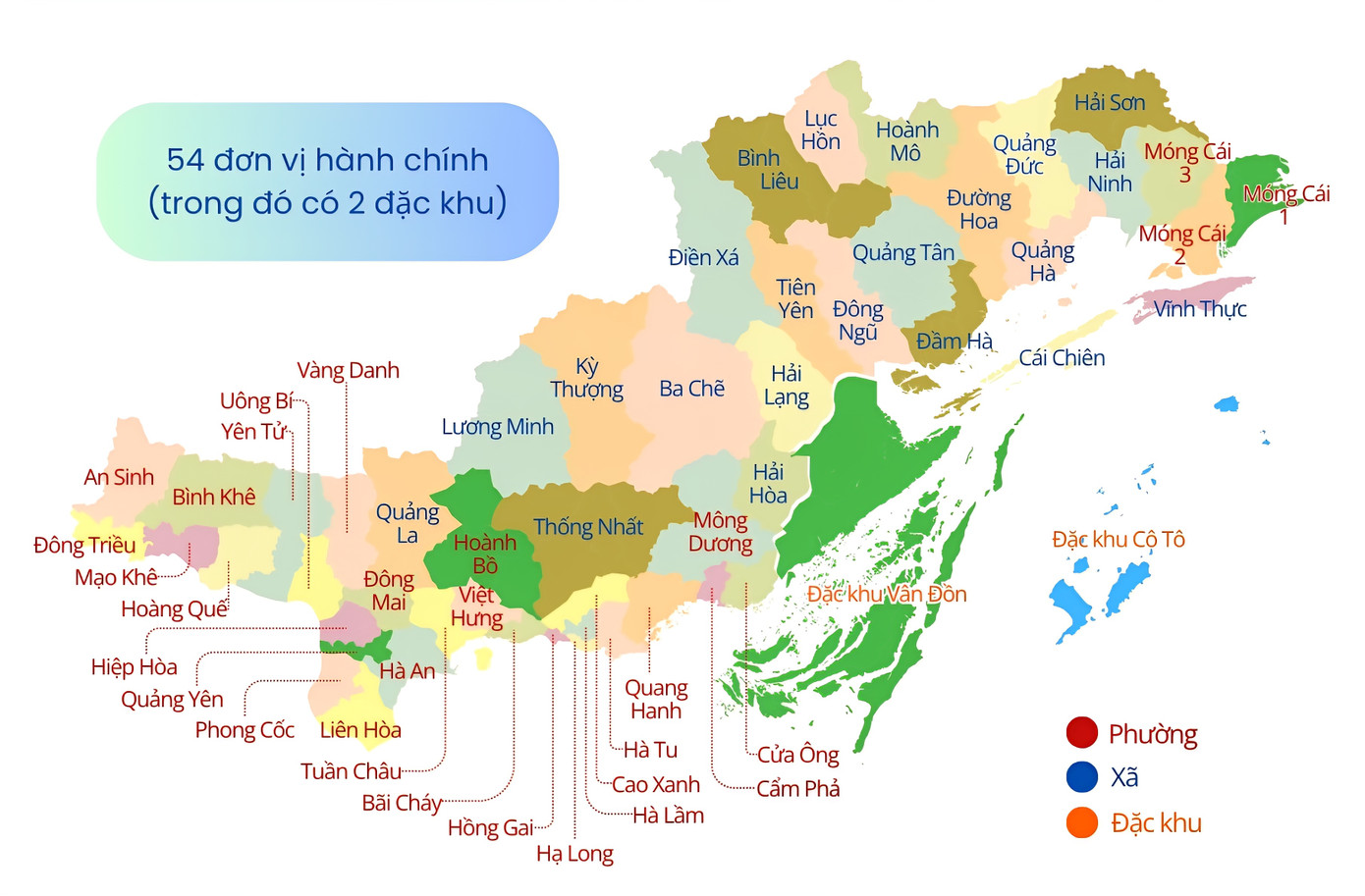 Bản đồ chi tiết 54 đơn vị hành chính mới của Quảng Ninh. Ảnh QMG. Bản đồ chi tiết 54 đơn vị hành chính mới của Quảng Ninh. Ảnh QMG.