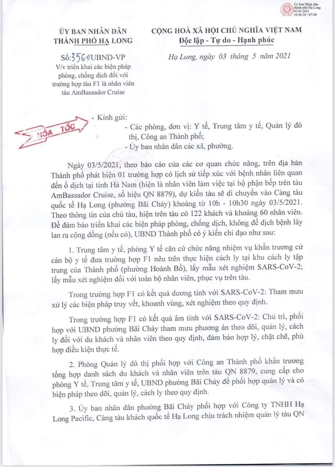 Thông báo hỏa tốc của TP Hạ Long về trường hợp du thuyền 5 sao có ca F1
