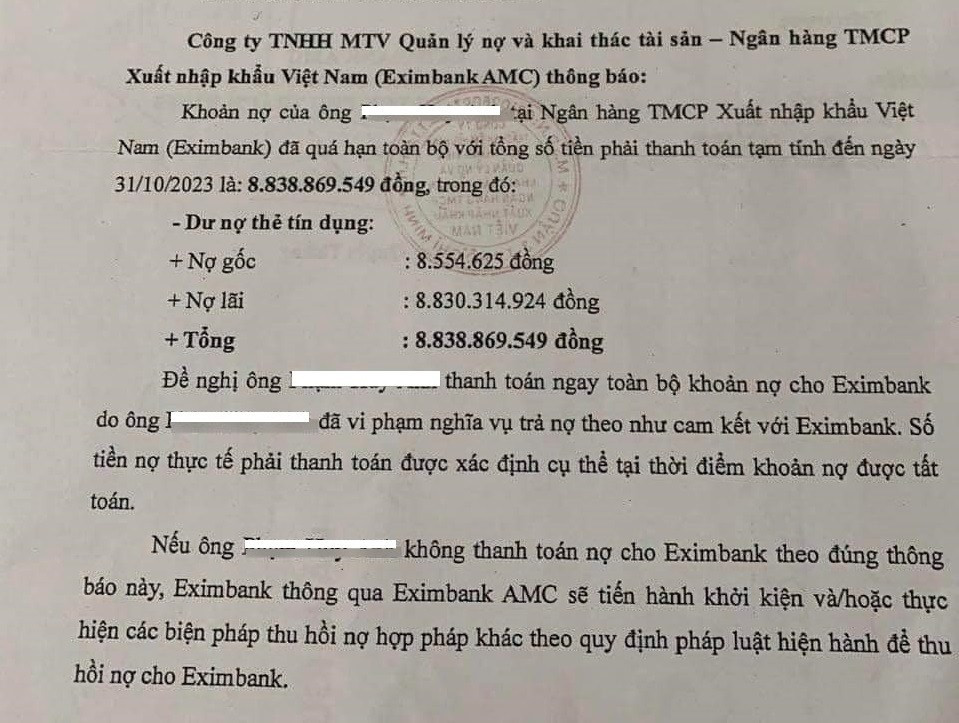 Công văn nhắc nợ được Eximbank AMC gửi đến khách hàng P.H.A. Công văn nhắc nợ được Eximbank AMC gửi đến khách hàng P.H.A.