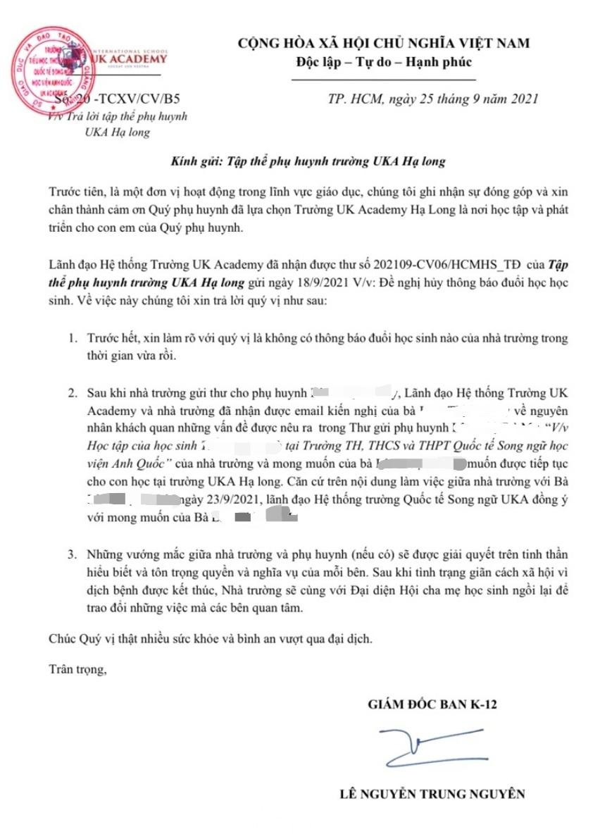 Văn bản khẳng định nhà trường không có thông báo đuổi học sinh nào trong thời gian vừa qua phủ nhận văn bản trước đó của bà Hoàng Thắng.
