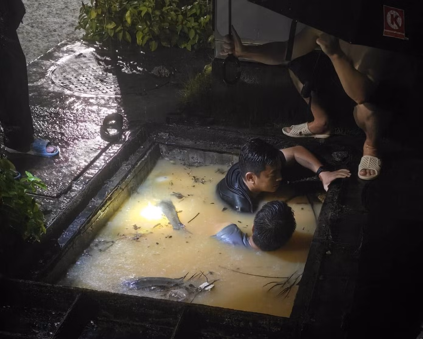 Mưa lớn khiến đất đá, rác, lá cây đổ dồn xuống các họng cống, một số khu vực bị ngập cục bộ.