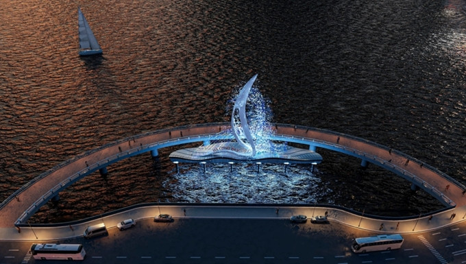 Phương án một ý tưởng cách điệu hóa con thuyền căng buồm khám phá cảnh quan kỳ vĩ của vịnh Hạ Long.