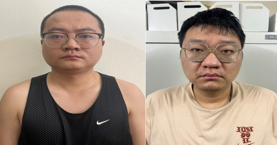 Hai đối tượng Song Xhj Jie và Guo Jun tại cơ quan công an.