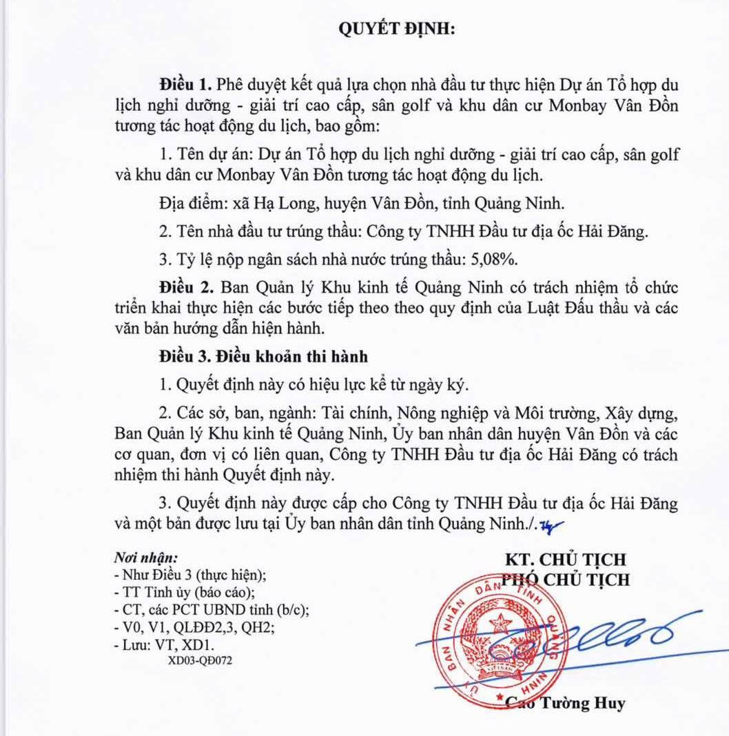 Quyết định số 1951/QĐ-UBND của tỉnh Quảng Ninh lựa chọn Công ty TNHH Đầu tư địa ốc Hải Đăng là đơn vị trúng thầu. Quyết định số 1951/QĐ-UBND của tỉnh Quảng Ninh lựa chọn Công ty TNHH Đầu tư địa ốc Hải Đăng là đơn vị trúng thầu.