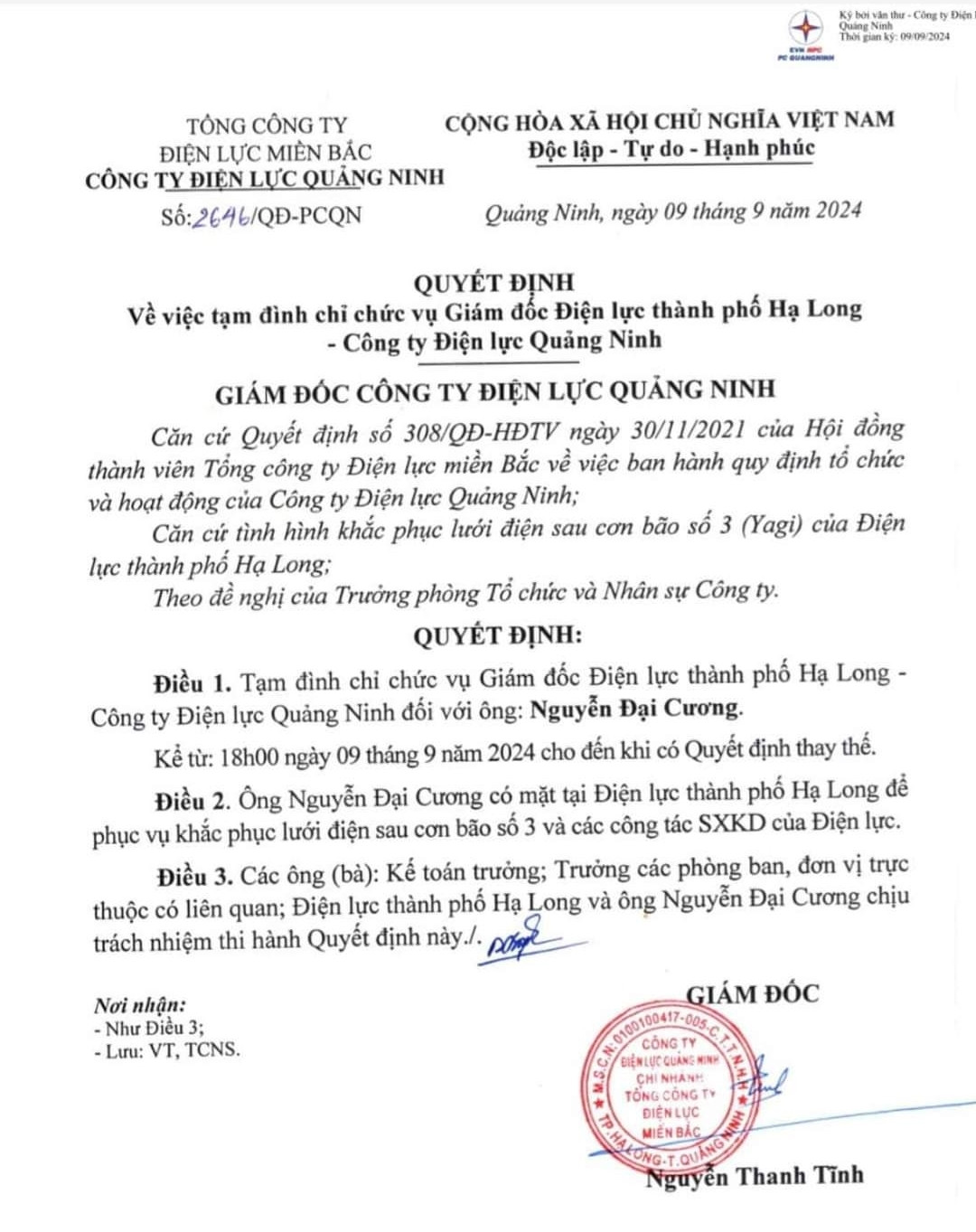 Quyết định đình chỉ Giám đốc Điện lực Hạ Long.