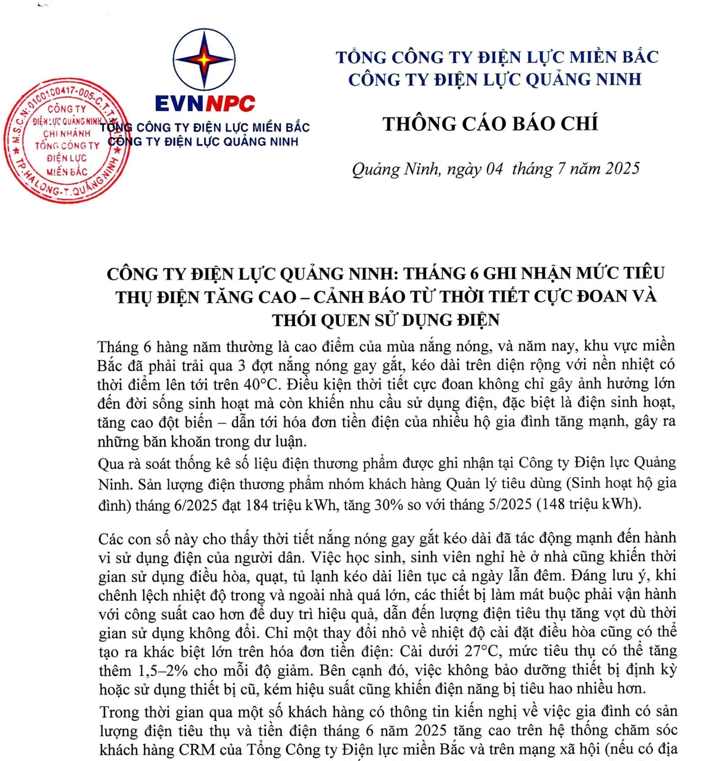 Thông cáo báo chí của Điện lực Quảng Ninh. Thông cáo báo chí của Điện lực Quảng Ninh.