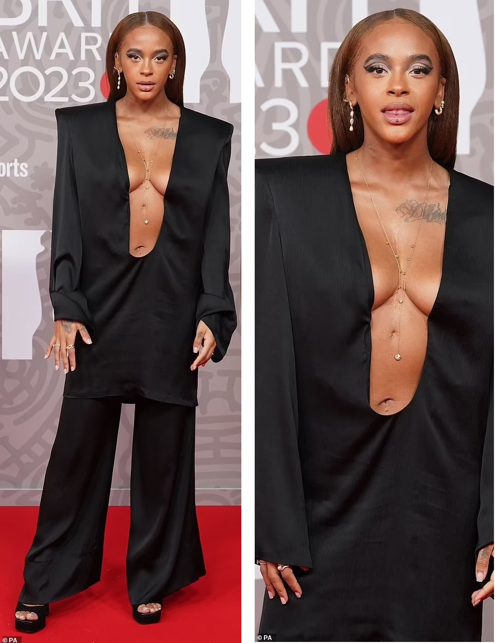 Bỏ qua thiết kế cổ áo táo bạo, bộ đồ của ngôi sao truyền hình Yinka Bokinni như hàng lỗi, cắt may vụng về. Ảnh: PA.