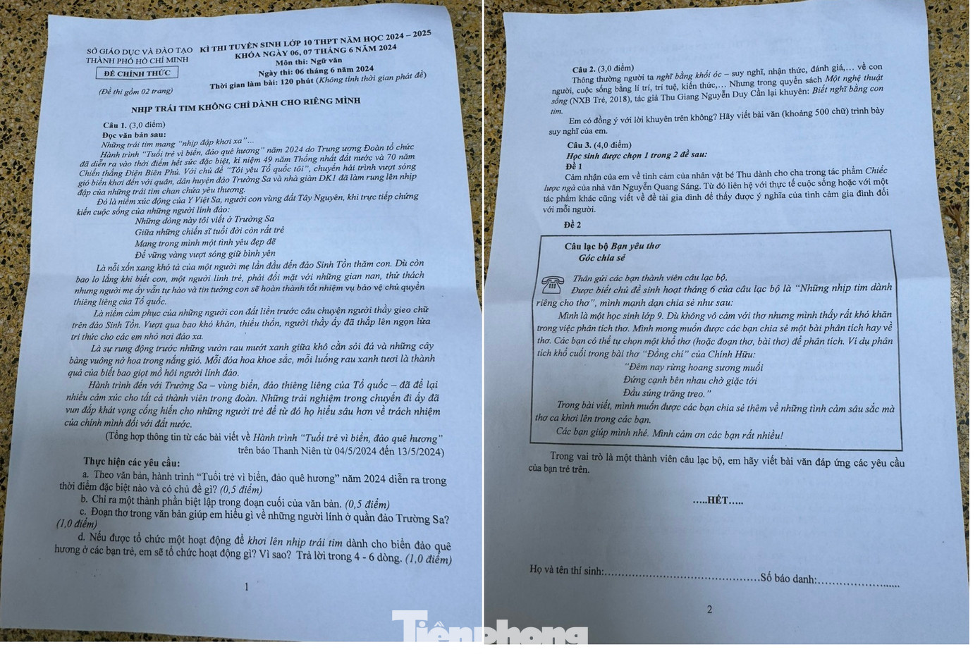 Đề thi Ngữ Văn 10 của TPHCM Đề thi Ngữ Văn 10 của TPHCM