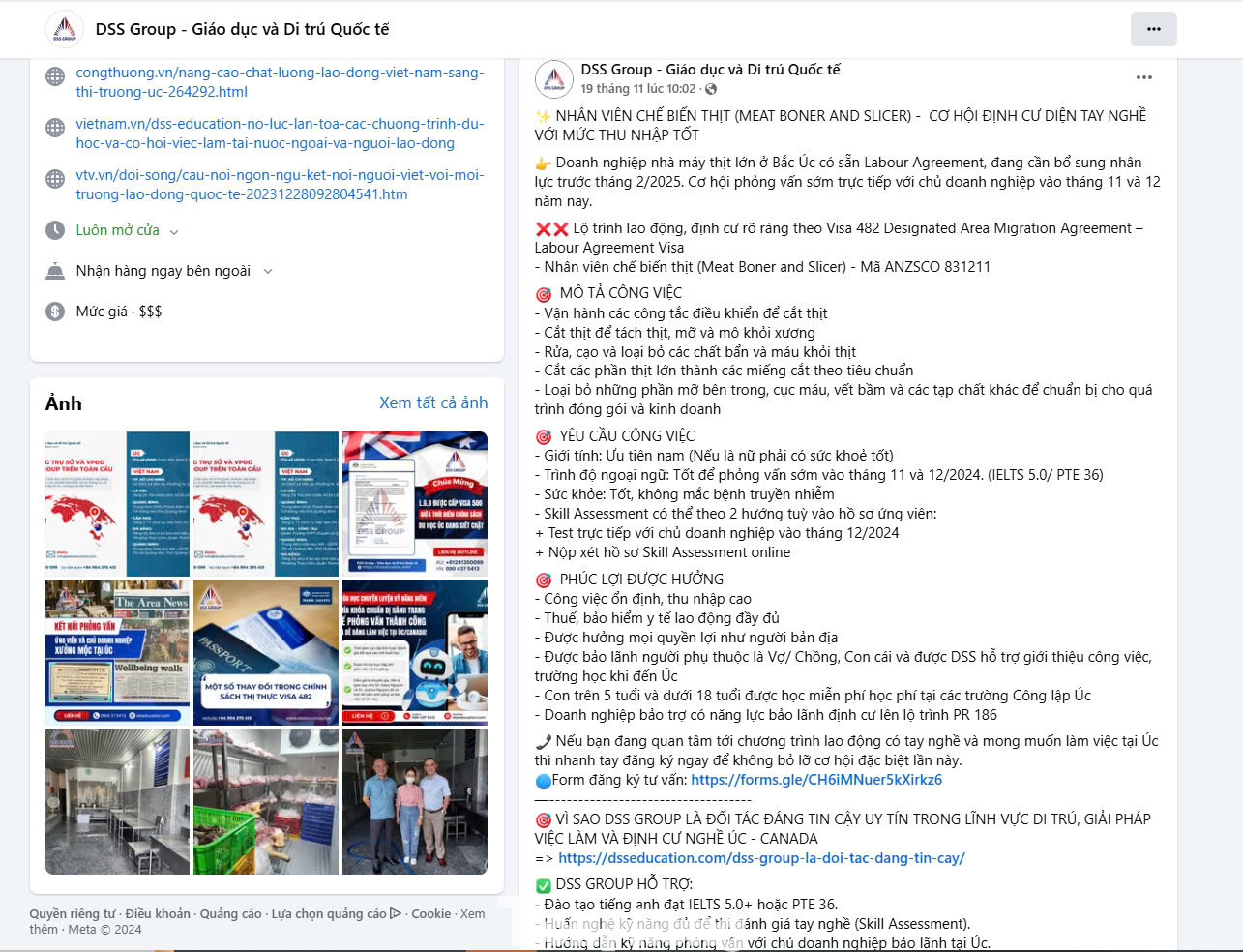 DSS Group đăng tin quảng cáo, giới thiệu việc làm của chủ doanh nghiệp Úc trên fanpage của mình