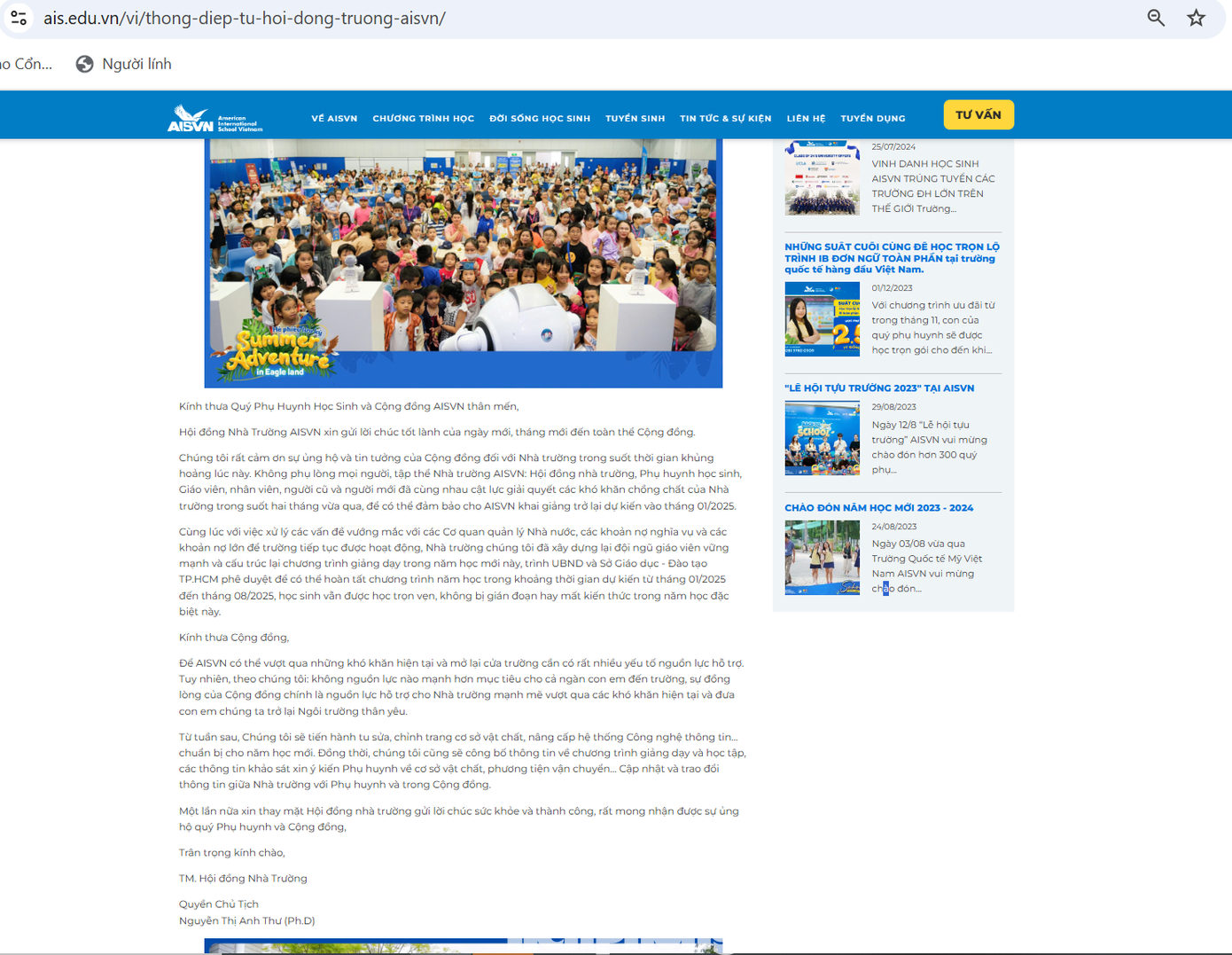 Thông báo của Trường AISVN về việc khai giảng sắp tới Thông báo của Trường AISVN về việc khai giảng sắp tới