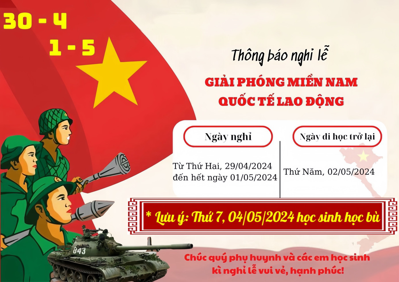 Thông báo nghỉ lễ 30/4 và 1/5 của Trường Tiểu học Hanh Thông, quận Gò Vấp, TPHCM