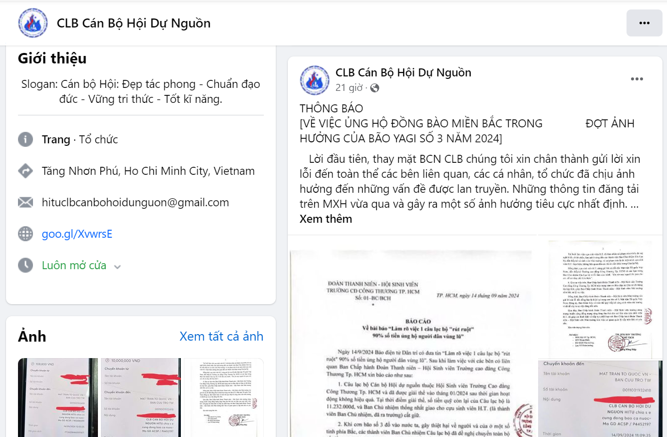 Thông báo của CLB dự nguồn về sự việc sao kê tiền ủng hộ đồng bào miền Bắc Thông báo của CLB dự nguồn về sự việc sao kê tiền ủng hộ đồng bào miền Bắc