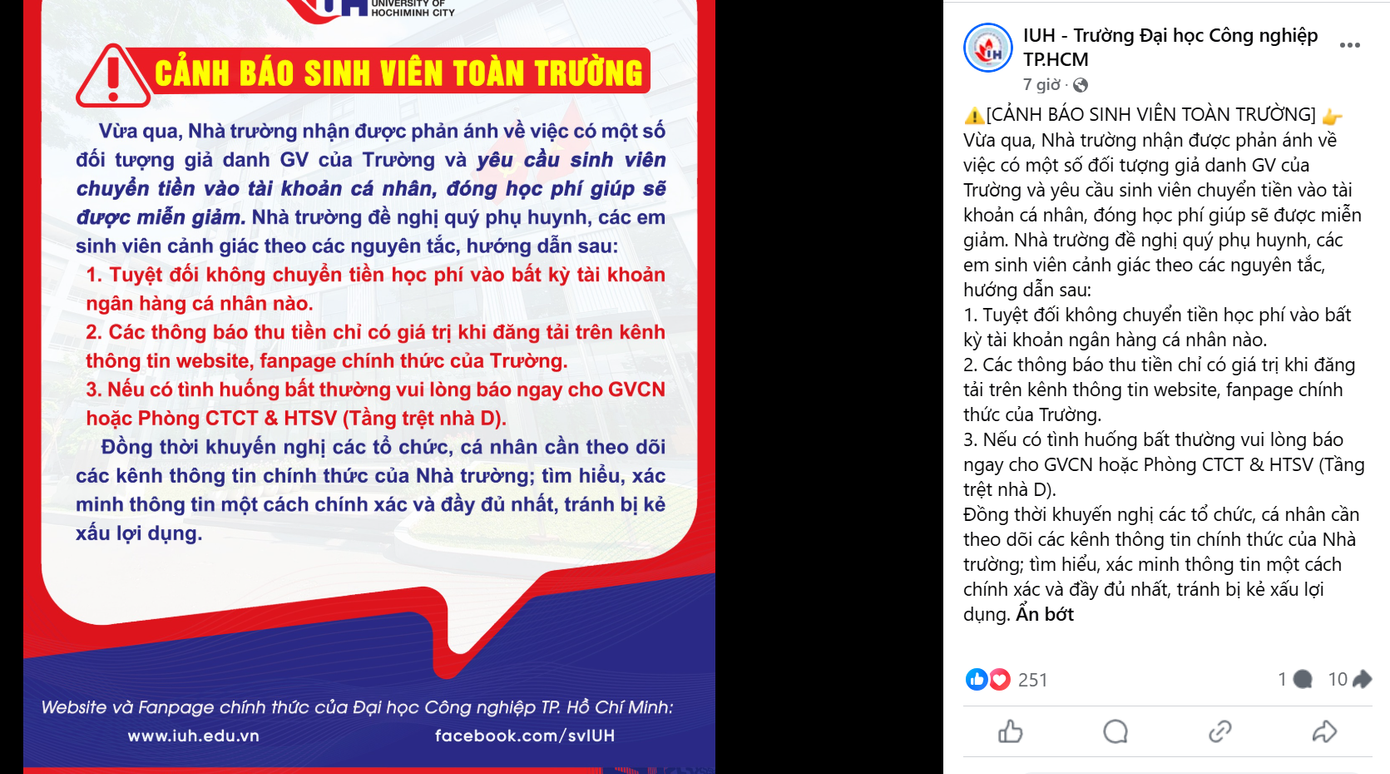 Thông báo cảnh báo của Trường ĐH Công nghiệp TPHCM Thông báo cảnh báo của Trường ĐH Công nghiệp TPHCM