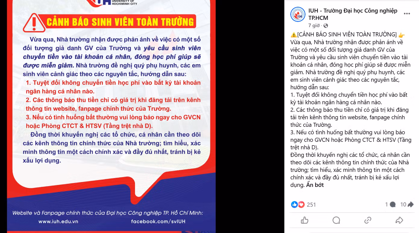 Thông báo cảnh báo của Trường ĐH Công nghiệp TPHCM